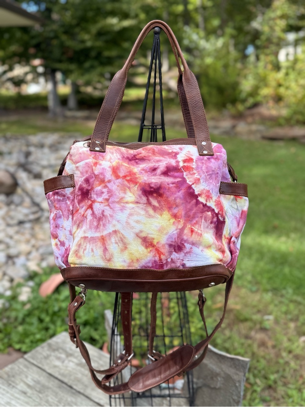 Tie-Dye Canvas Tote/convertible day bag with Brown Trim